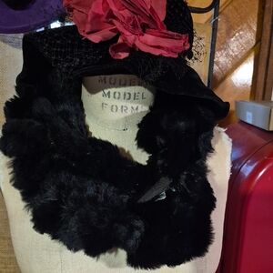 Yves Salomon Black Fur Hat with Red Floral Detail